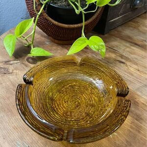 Amber Ashtray Or Candle Holder Heavy Glass 9” Diameter